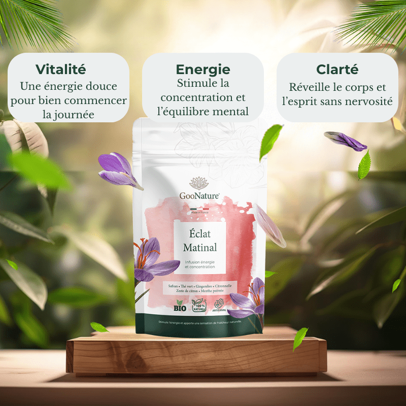 Éclat Matinal – Infusion énergie naturelle au Safran, thé vert et gingembre