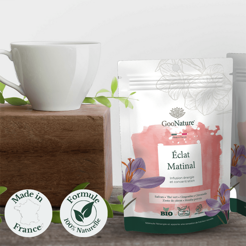 Éclat Matinal – Infusion énergie naturelle au Safran, thé vert et gingembre