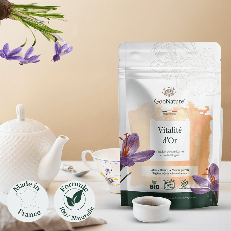 Vitalité d’Or – Infusion anti-fatigue naturelle au Safran et plantes tonifiantes